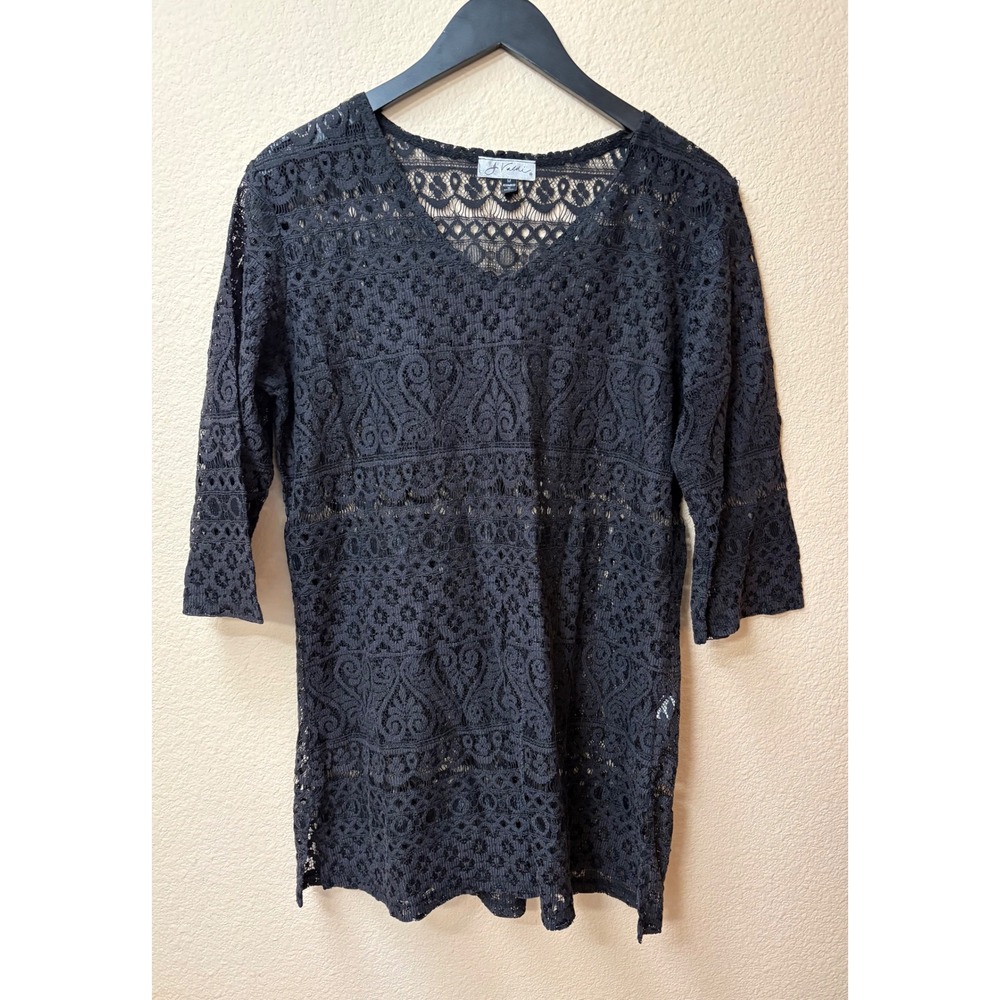 J. Valdi Black Lace Swim Cover Up Tunic V-Neck 3/4 Sleeve Medium 3697